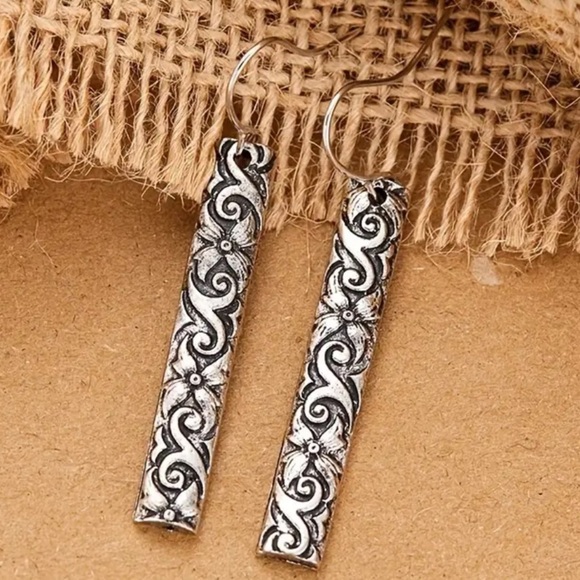 Silver Boho Floral Engraved Drop Earrings - Picture 2 of 4